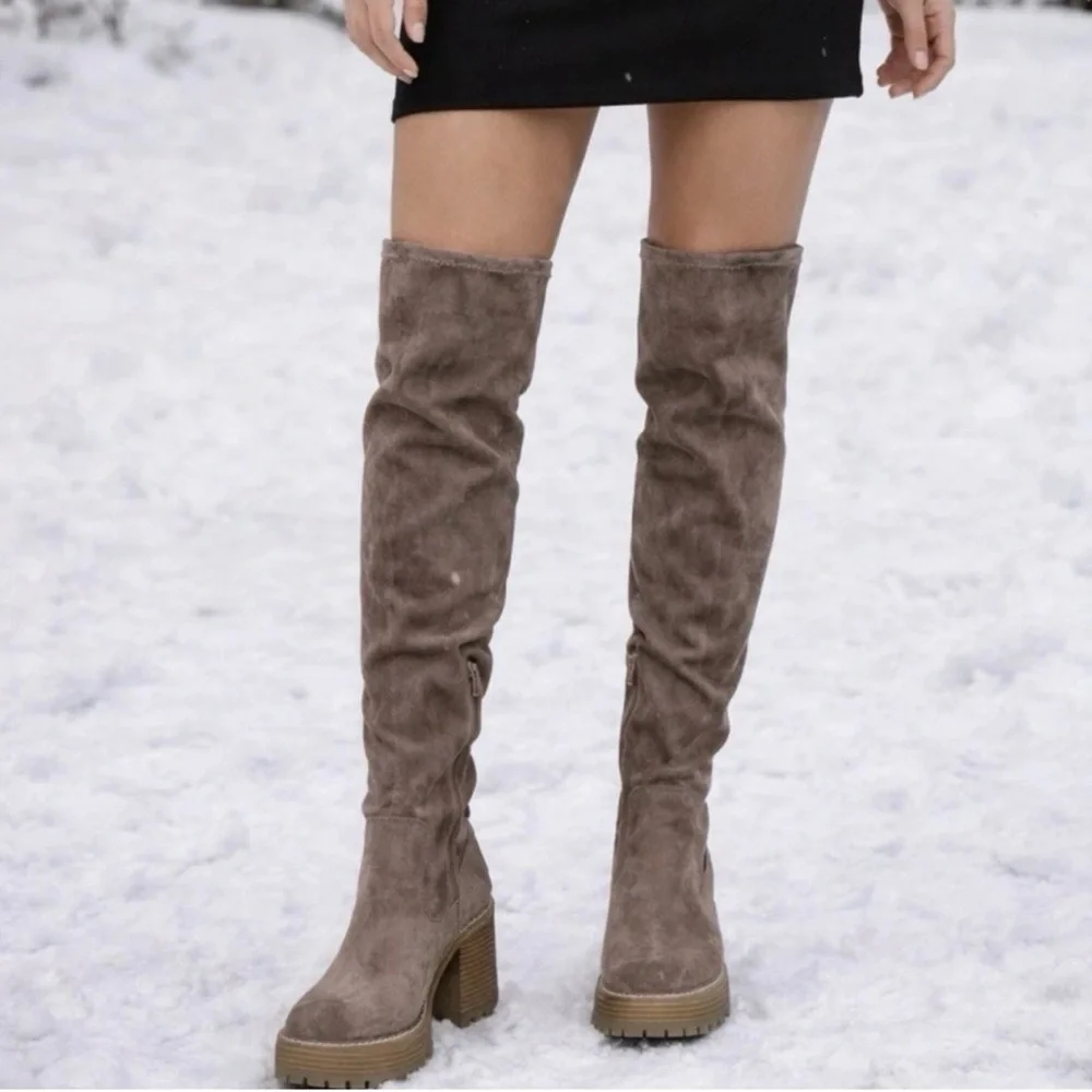 NEW Altar’d State Faux Suede Over The Knee Boots Taupe Chunky Lug Sole Size 8.5M